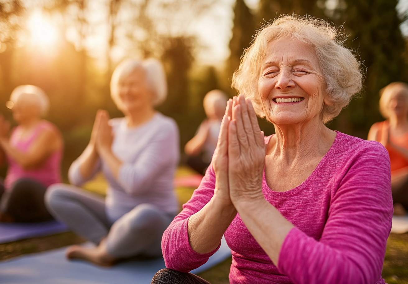 Старше подружжя практикує йогу разом